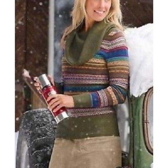 Athleta Shasta Cowl Neck Sweater Size L Fair Isle Nordic Olive Green Wool Blend - Picture 2 of 7
